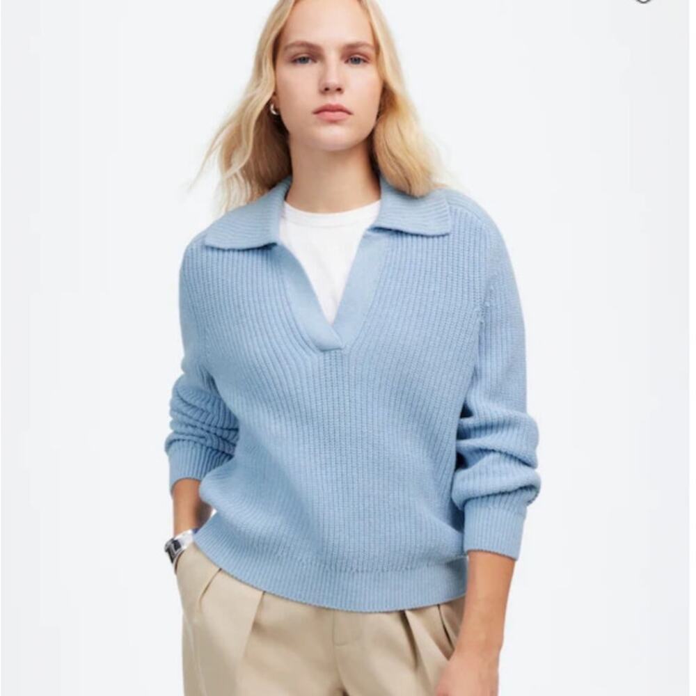 NWT Madewell Cashmere Blend Shaker Stitch Johnny Collar Sweater Light‎ Blue Sz S